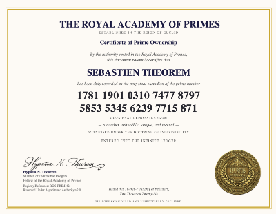 Example certificate showing a personalized prime number, owner name, and registry details